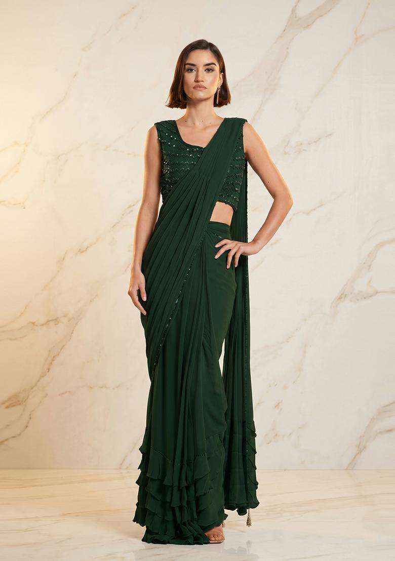 Emerald Green Embroidered Handwork Pre Draped Saree Set - Indya