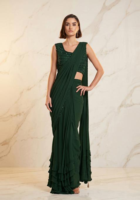 Emerald Green Embroidered Handwork Pre Draped Saree Set