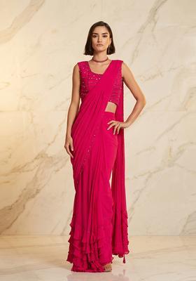 Pink Embroidered Handwork Pre Draped Saree Set