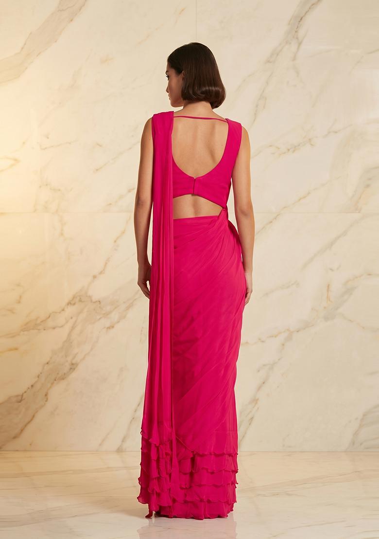 Pink Embroidered Handwork Pre Draped Saree Set - Indya