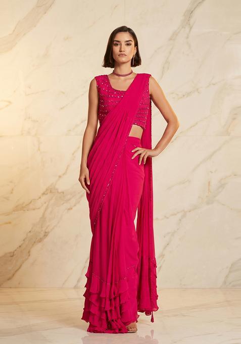 Pink Embroidered Handwork Pre Draped Saree Set