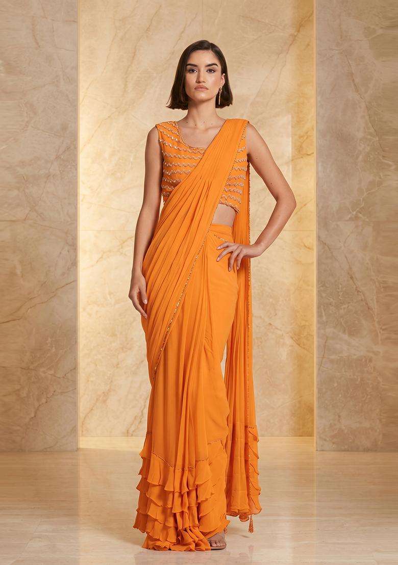 Orange Embroidered Handwork Pre Draped Saree Set - Indya