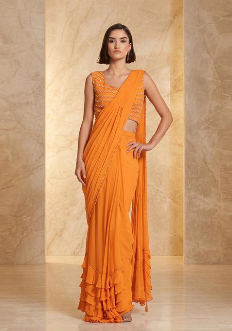 Orange Embroidered Handwork Pre Draped Saree Set