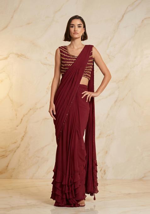 Maroon Embroidered Handwork Pre Draped Saree Set