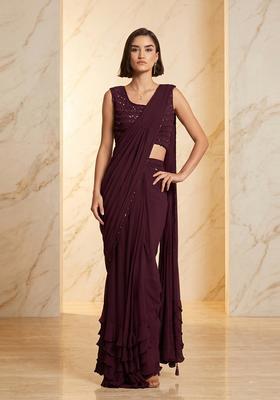 Deep Purple Embroidered Handwork Pre Draped Saree Set