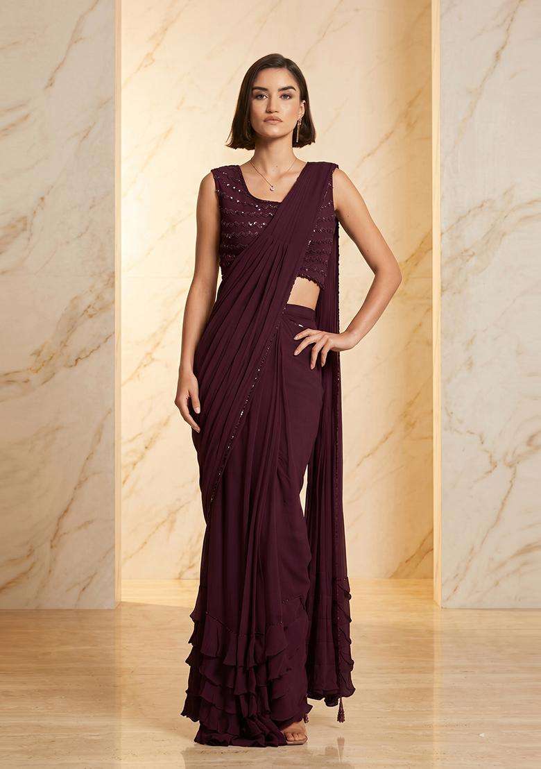 Deep Purple Embroidered Handwork Pre Draped Saree Set - Indya