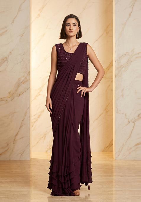 Deep Purple Embroidered Handwork Pre Draped Saree Set