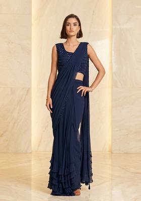 Navy Blue Embroidered Handwork Pre Draped Saree Set