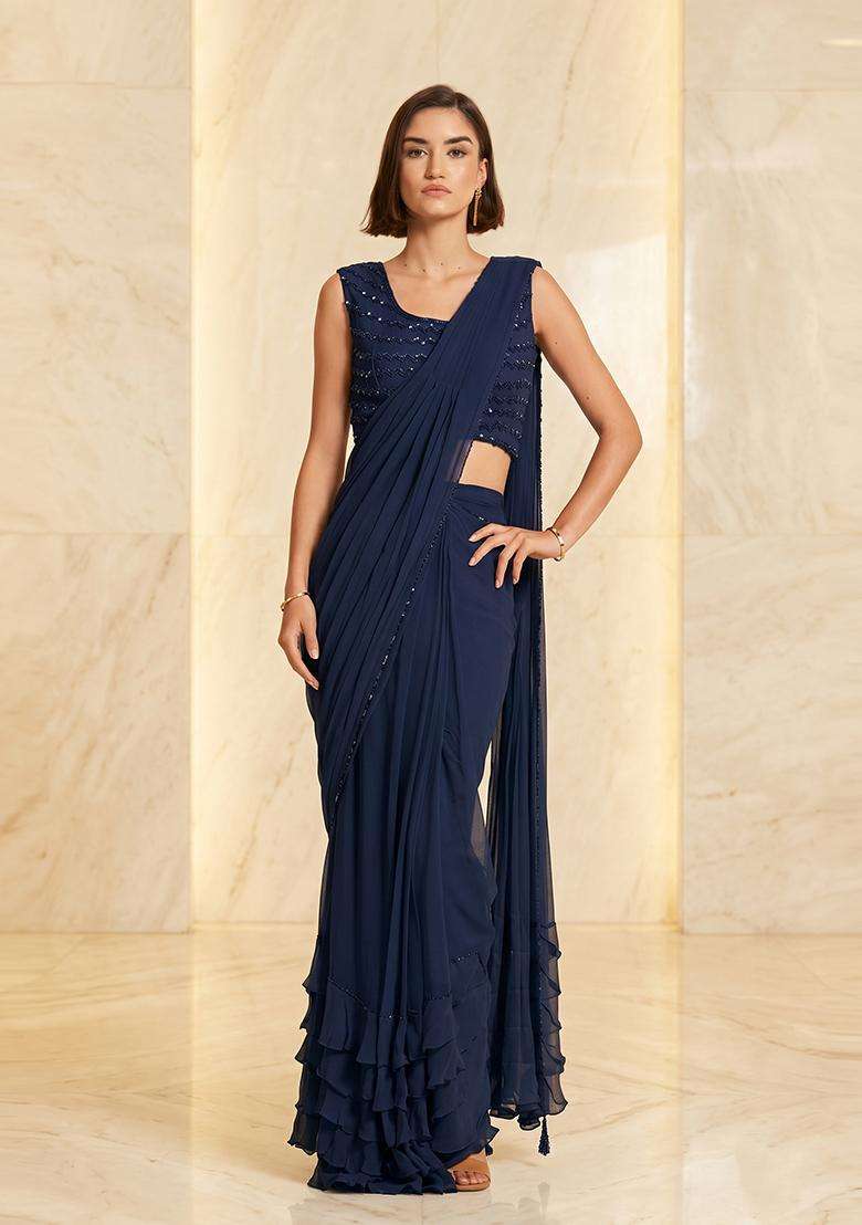 Navy Blue Embroidered Handwork Pre Draped Saree Set - Indya
