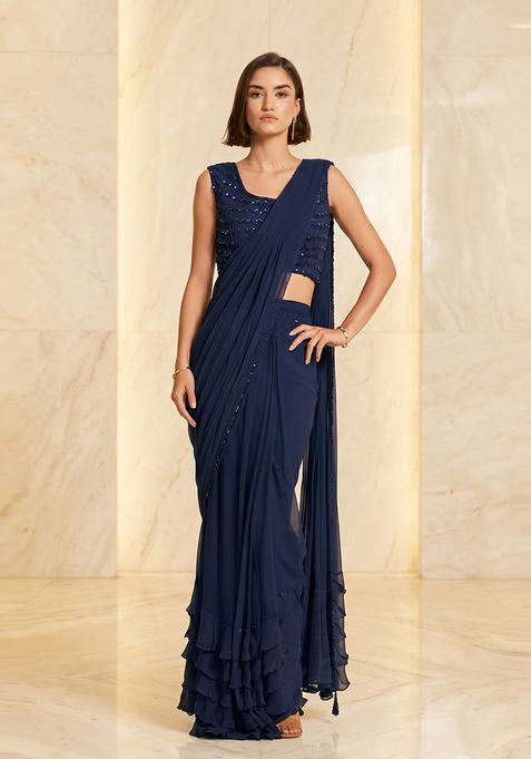 Navy Blue Embroidered Handwork Pre Draped Saree Set
