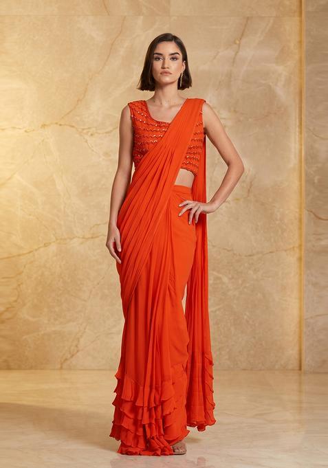 Rust Orange Embroidered Handwork Pre Draped Saree Set