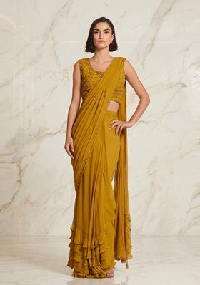 Mustard Embroidered Handwork Pre Draped Saree Set