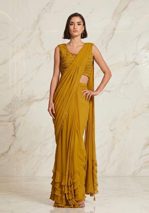 Mustard Embroidered Handwork Pre Draped Saree Set