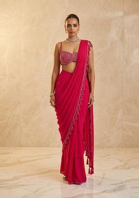 Magenta Embroidered Handwork Pre Draped Saree Set
