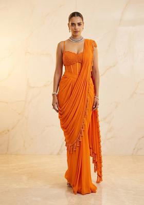 Bright Orange Embroidered Handwork Pre Draped Saree Set