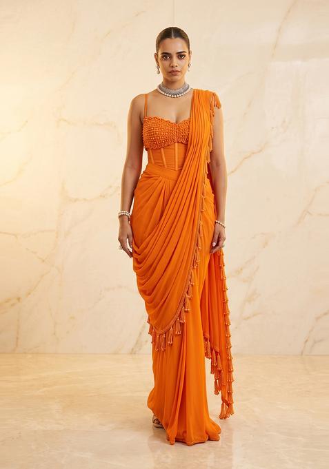 Bright Orange Embroidered Handwork Pre Draped Saree Set