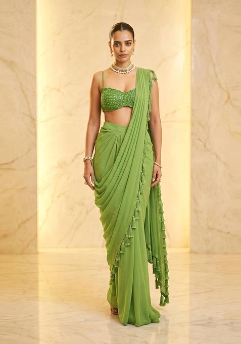 Lime Green Embroidered Handwork Pre Draped Saree Set