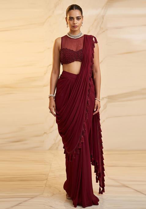 Maroon Embroidered Handwork Pre Draped Saree Set