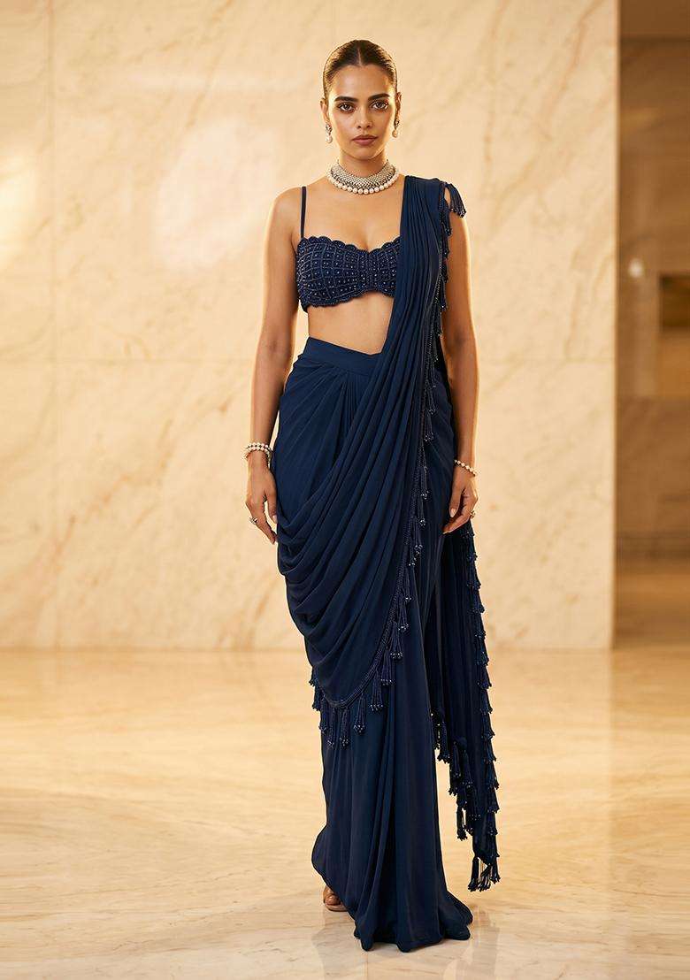 Navy Blue Embroidered Handwork Pre Draped Saree Set - Indya