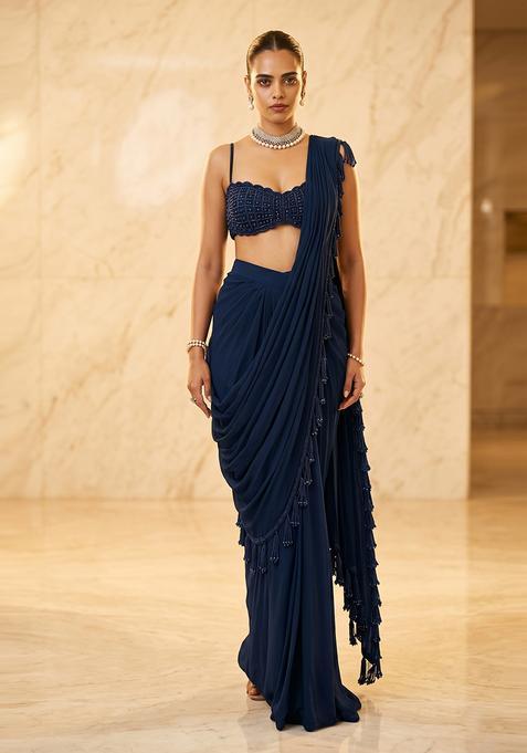 Navy Blue Embroidered Handwork Pre Draped Saree Set