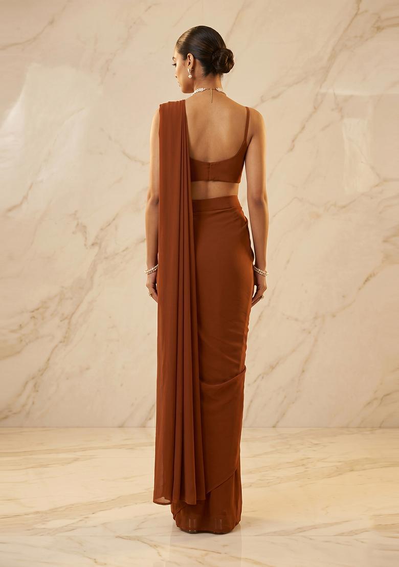 Rust Brown Embroidered Handwork Pre Draped Saree Set - Indya