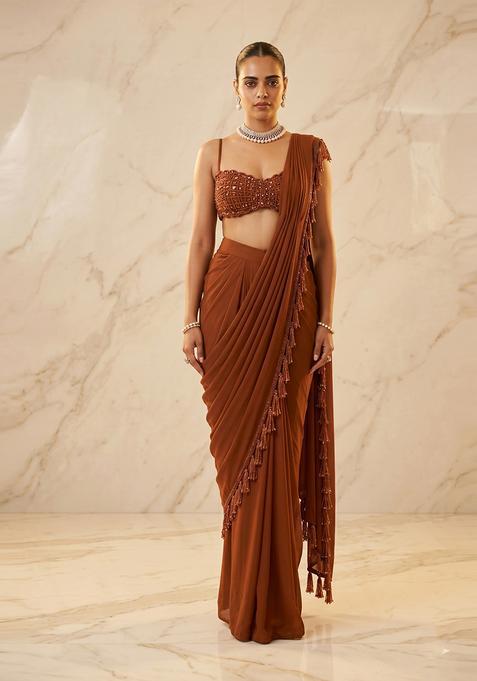 Rust Brown Embroidered Handwork Pre Draped Saree Set