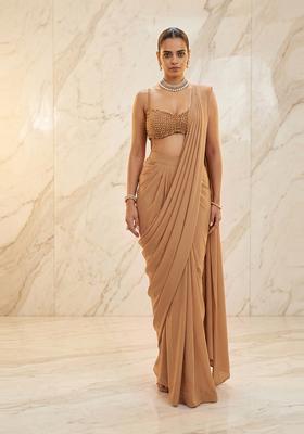Beige Embroidered Handwork Pre Draped Saree Set