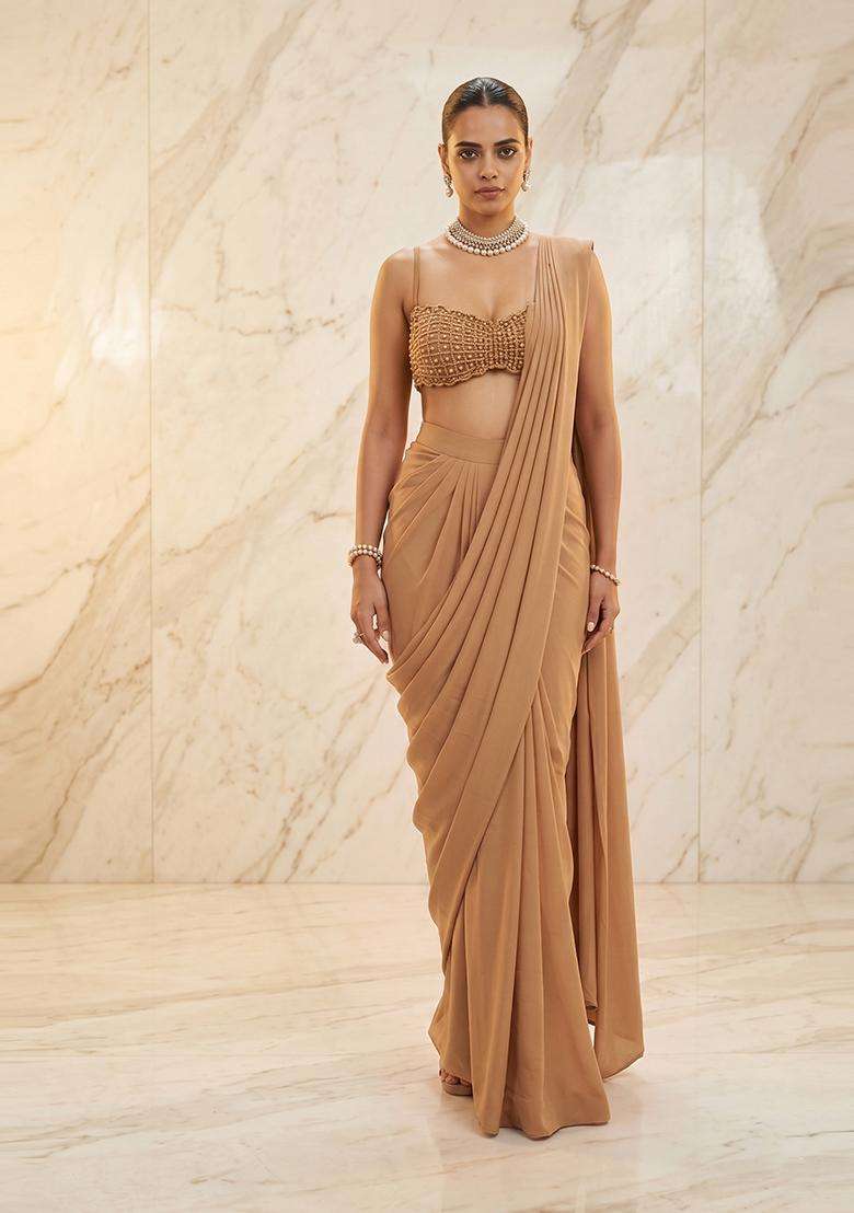 Beige Embroidered Handwork Pre Draped Saree Set - Indya