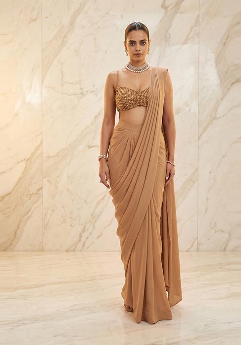 Beige Embroidered Handwork Pre Draped Saree Set