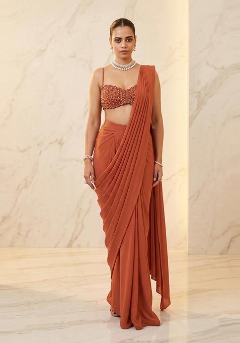Baby Pink Embroidered Handwork Pre Draped Saree Set
