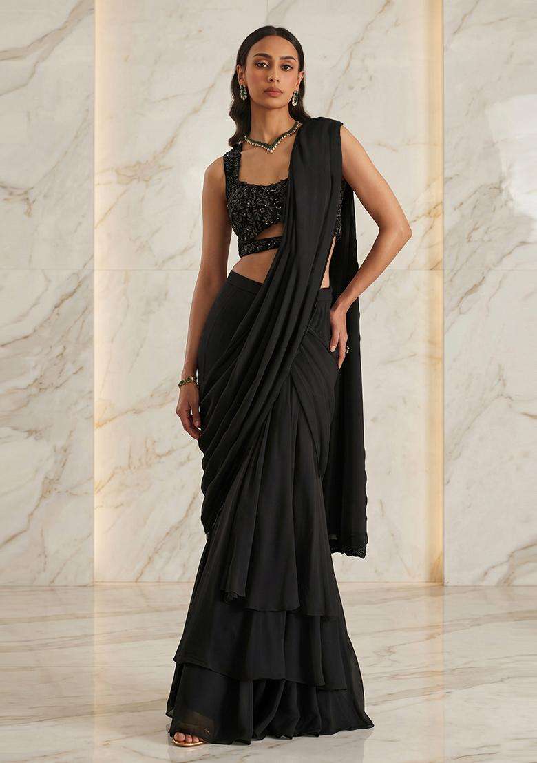 Black Embroidered Handwork Pre Draped Saree Set - Indya