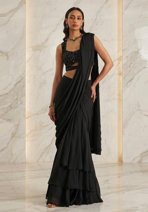 Black Embroidered Handwork Pre Draped Saree Set