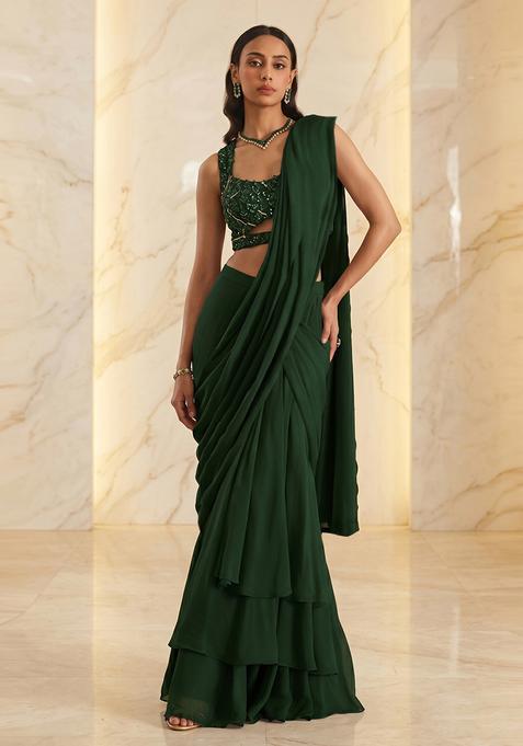 Dark Green Embroidered Handwork Pre Draped Saree Set