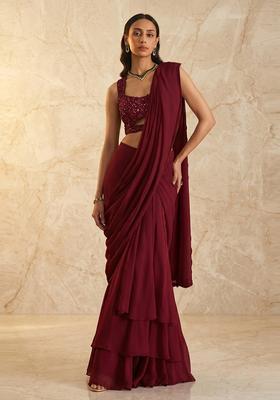 Deep Wine Embroidered Handwork Pre Draped Saree Set