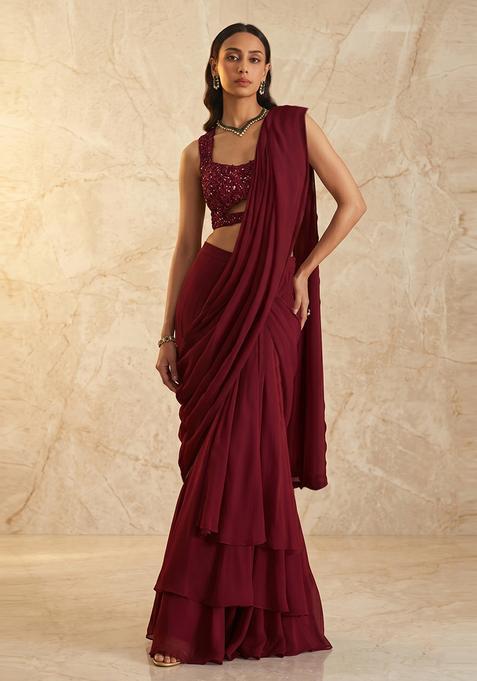 Deep Wine Embroidered Handwork Pre Draped Saree Set
