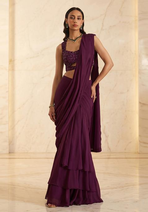 Plum Purple Embroidered Handwork Pre Draped Saree Set