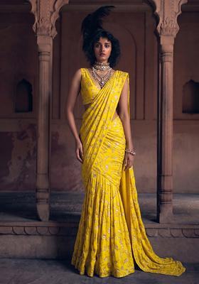 Yellow Embroidered Crepe Pre Draped Saree Set