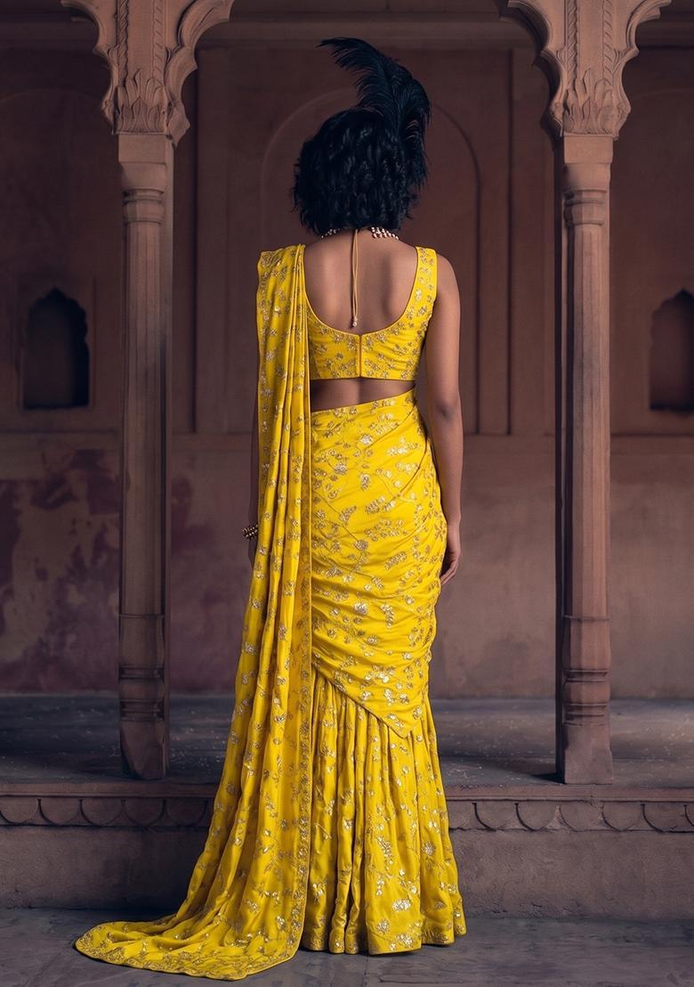 Yellow Embroidered Crepe Pre Draped Saree Set - Indya
