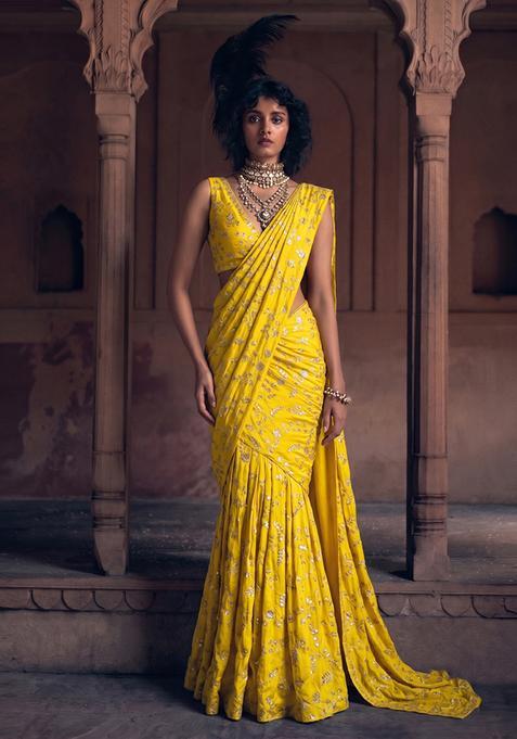 Yellow Embroidered Crepe Pre Draped Saree Set