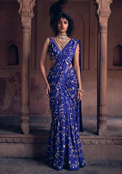 Royal Blue Embroidered Crepe Pre Draped Saree Set