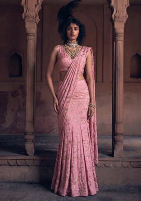 Pastel Pink Embroidered Crepe Pre Draped Saree Set