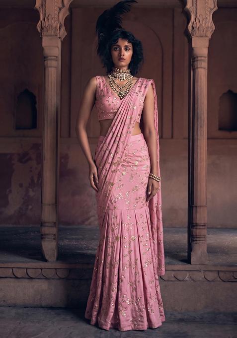 Pastel Pink Embroidered Crepe Pre Draped Saree Set
