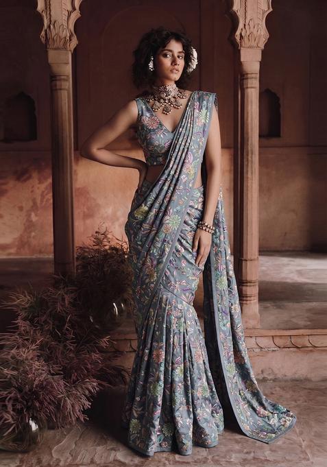 Grey Printed Crepe Pre Draped Saree Set