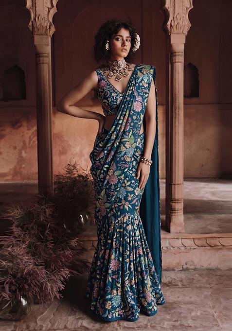 Teal Blue Printed Crepe Pre Draped Saree Set