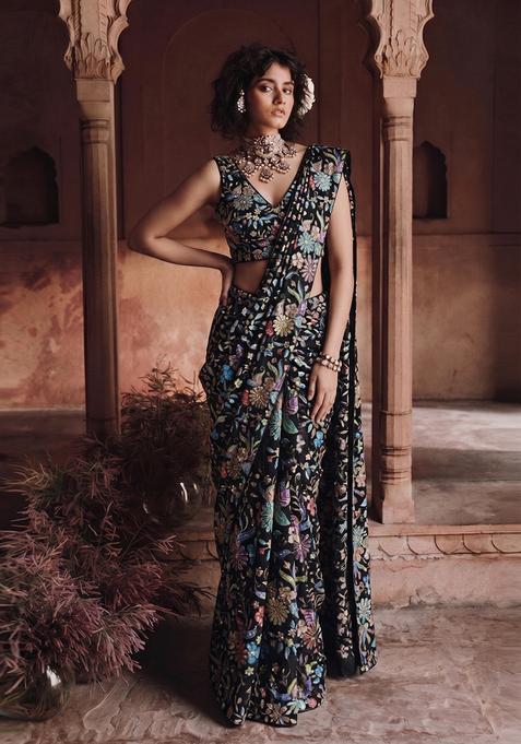 Black Printed Crepe Pre Draped Saree Set