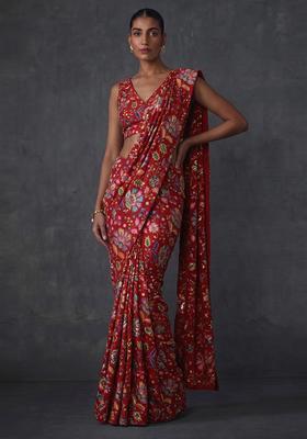 Deep Red Printed Crepe Pre Draped Saree Set