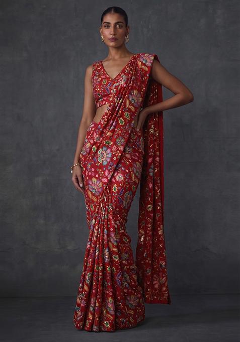 Deep Red Printed Crepe Pre Draped Saree Set