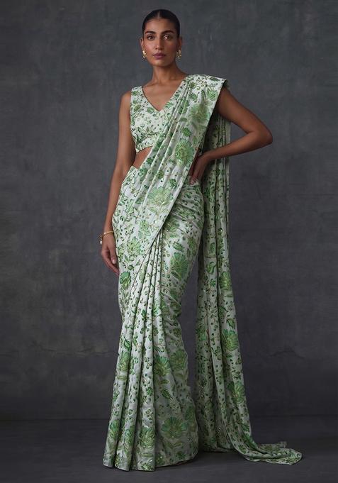 Mint Green Printed Crepe Pre Draped Saree Set