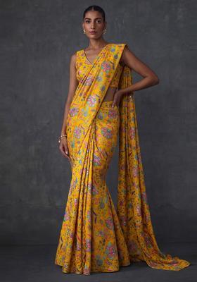 Mustard Printed Crepe Pre Draped Saree Set