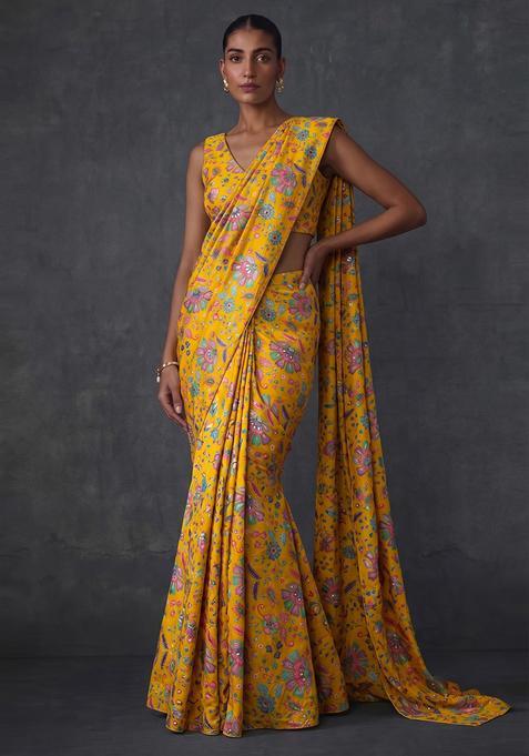 Mustard Printed Crepe Pre Draped Saree Set